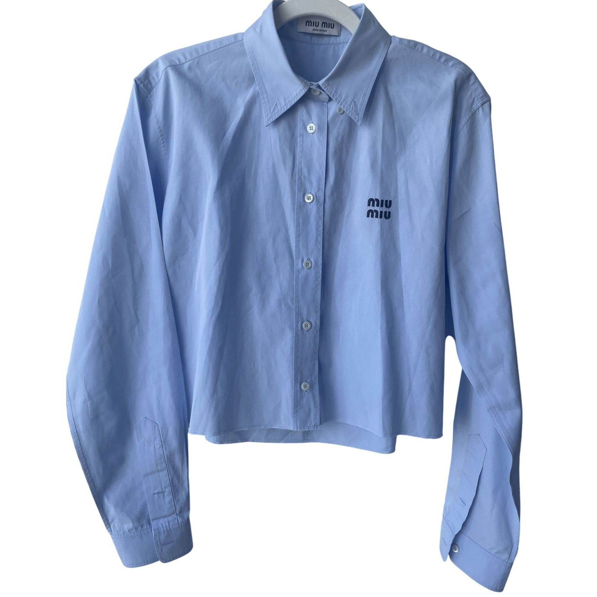 Miu Miu Miu Miu Light Blue Cotton Womens Cropped Button-Up Shirt Wit Size M / US 6-8 / IT 42-44 - 1 Thumbnail