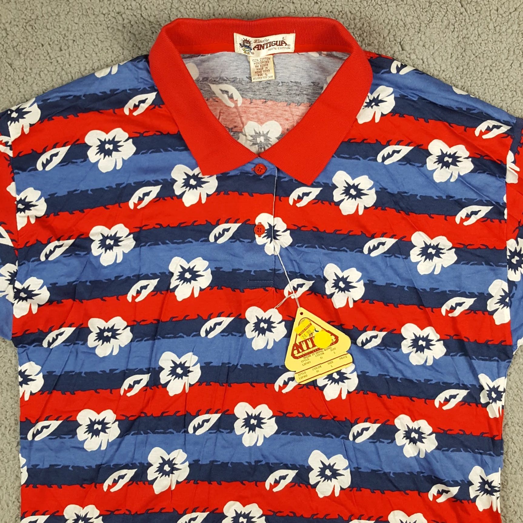 Vintage Vintage Antigua Women's Polo Shirt Large Floral Hawaiian Striped Summer Beach 90s Retro Size L / US 10 / IT 46 - 2 Thumbnail