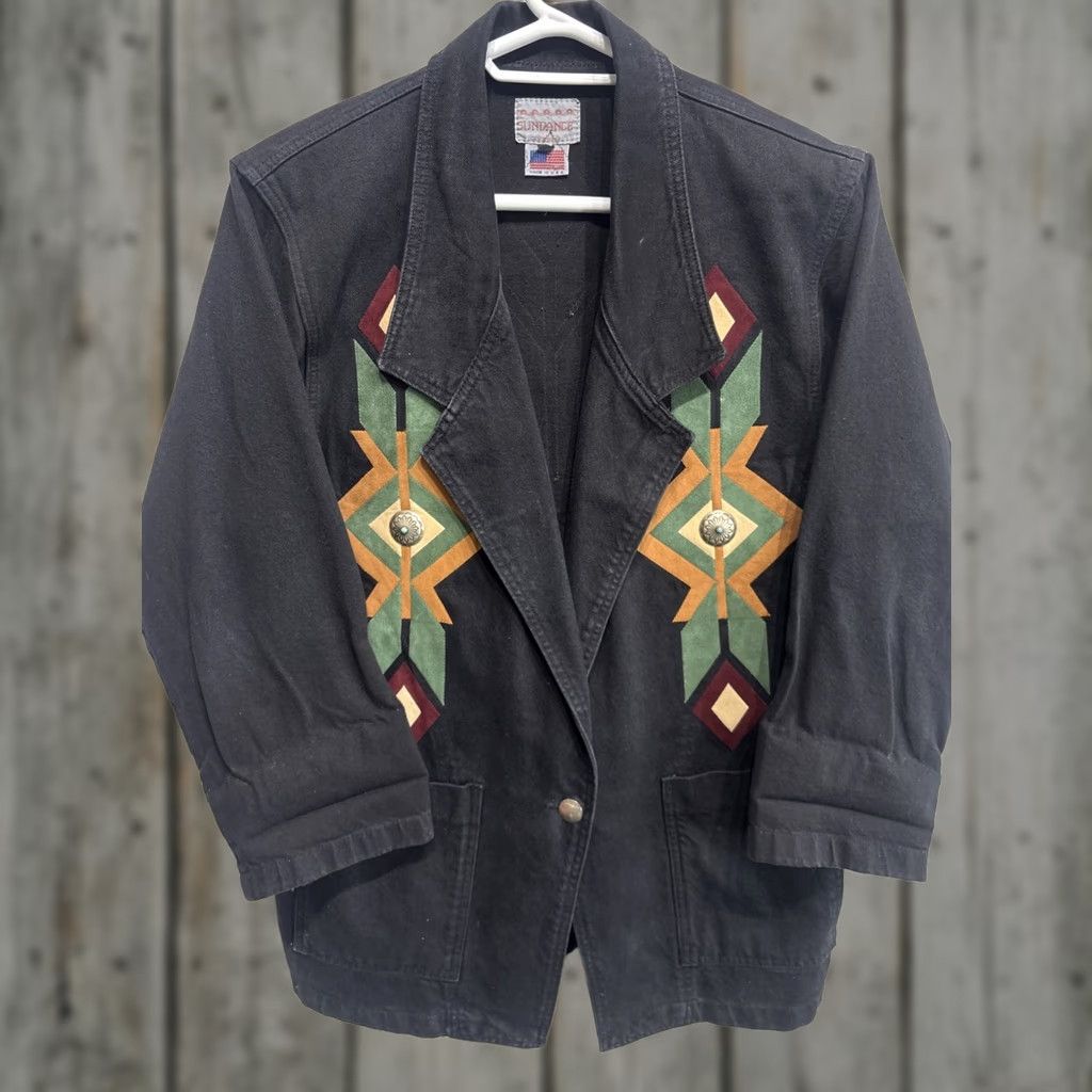 Vintage VINTAGE Sundance Denim Longline Aztec Print Western Coat Boho Chore Size Large Size L / US 10 / IT 46 - 1 Thumbnail