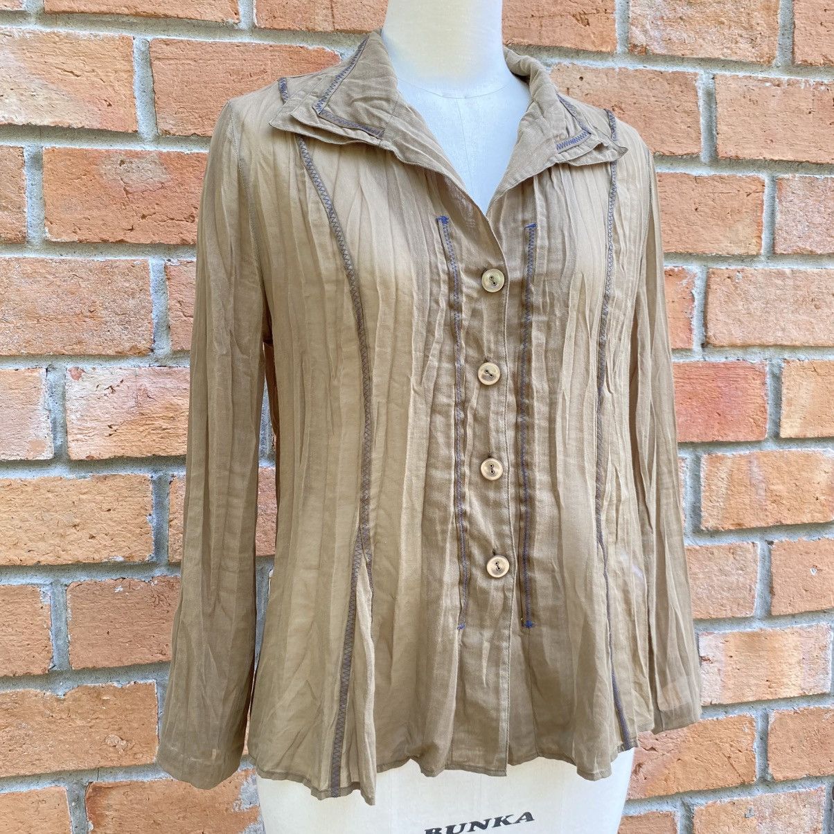Japanese Brand Hiroko BIS Camel Beige Crinkle Button-Up Blouse Size L / US 10 / IT 46 - 3 Thumbnail