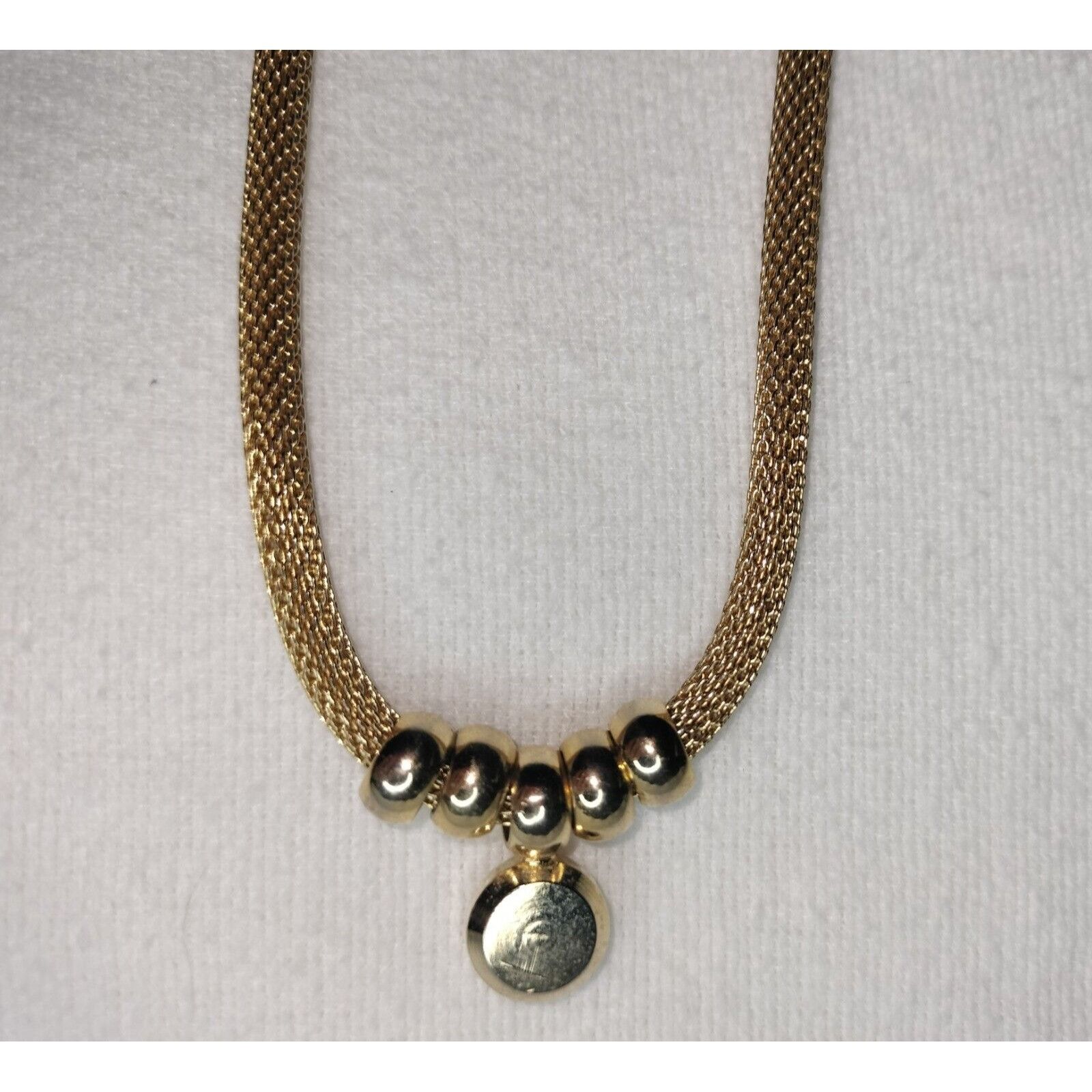 Vintage Gold Tone Metal Mesh Tube Necklace Ring Stoned Pendant Circa Size ONE SIZE - 17 Thumbnail
