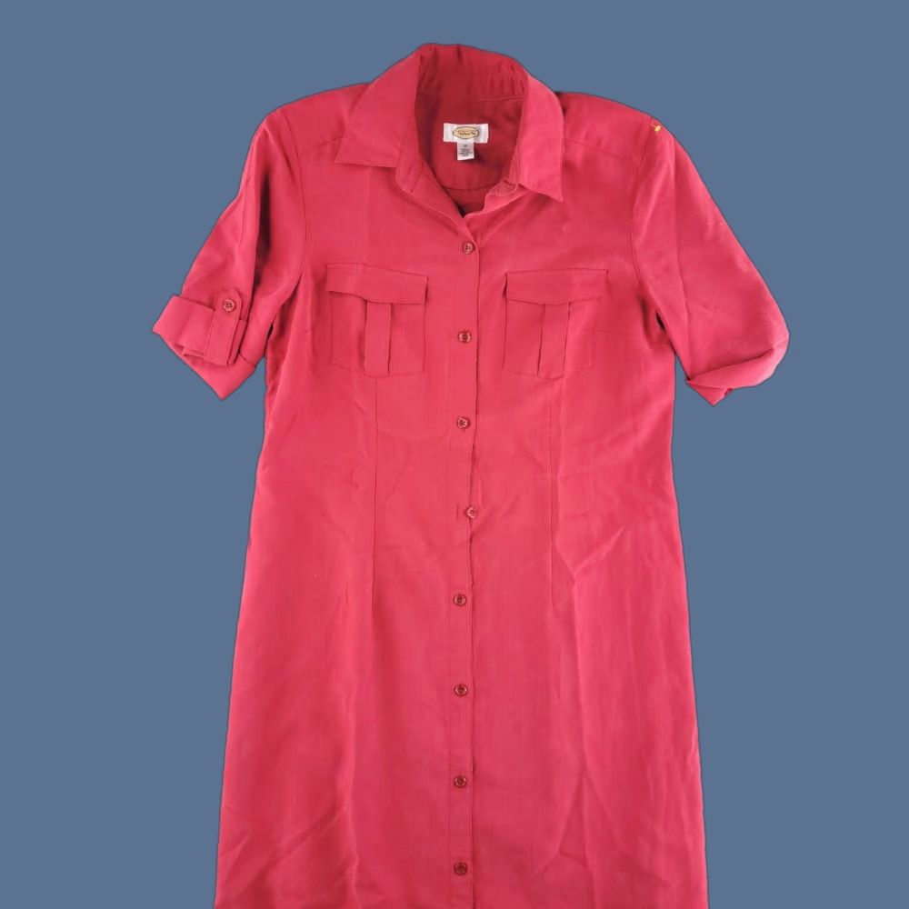 Talbots Talbots Dress Womens 10 Red Long Shirt Button Up Rayon Calf-Ankle Polynosic Pattern Solid Vintage No Size L / US 10 / IT 46 - 1 Thumbnail