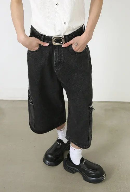 Other Black washed distressed street loose workwear denim shorts Size US 32 / EU 48 - 2 Thumbnail