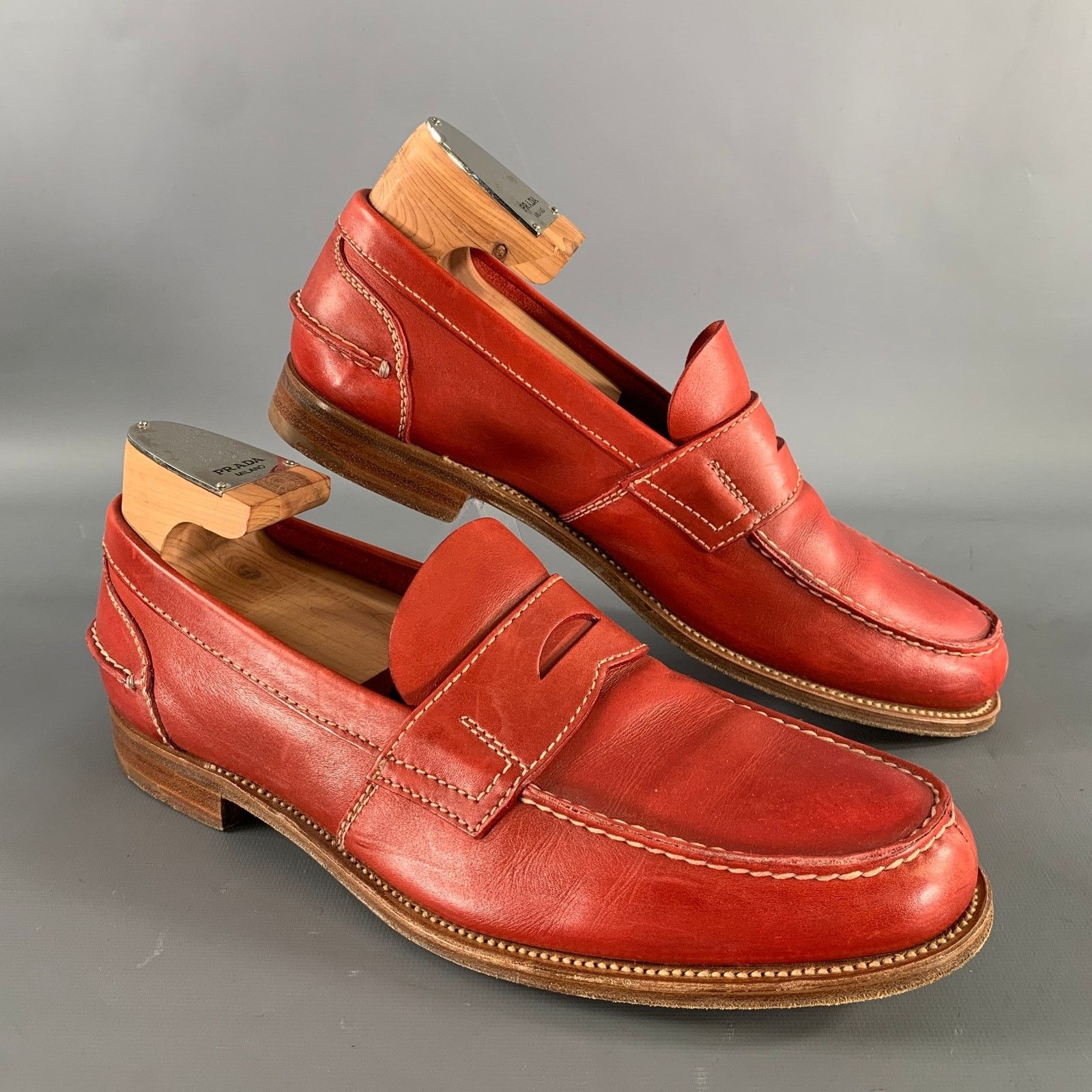 PRADA Size 9 Orange Stitched Leather Penny Loafers Prada Leather Ruched Penny Loafers - Bergdorf Goodman main image 4
