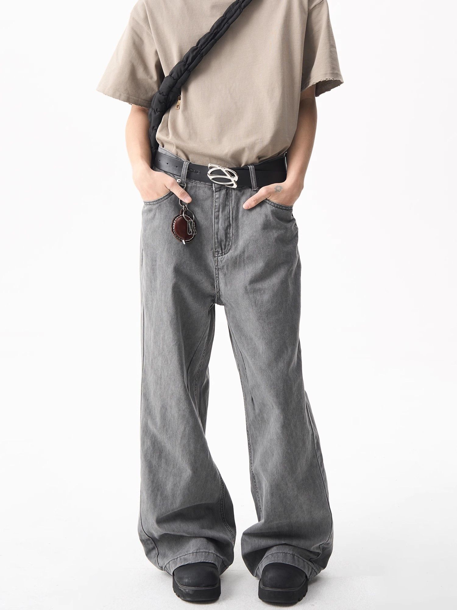 image of Smoky Gray Drape Wide Leg Jeans in Grey, Men's (Size 32)