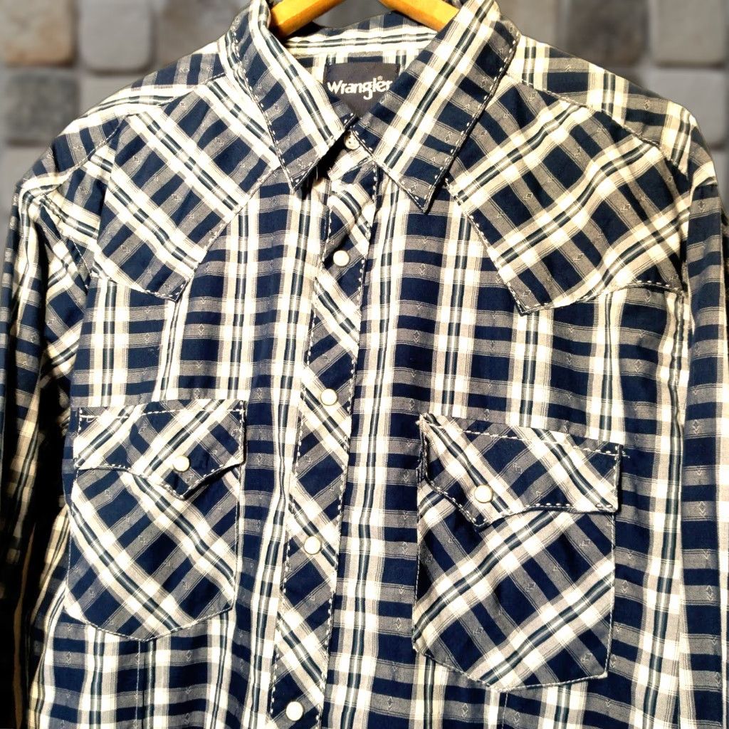 Wrangler WRANGLER Western Plaid Pearl Snap Shirt Men Large Blue Cowboy Rodeo Workwear Size US L / EU 52-54 / 3 - 1 Thumbnail