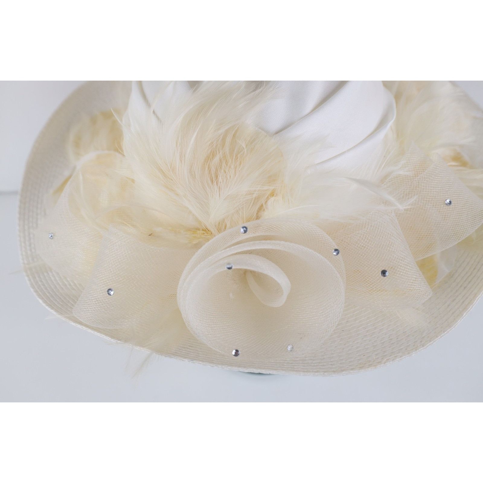 Vintage Vintage 80s 90s Wide Brimmed Feather Ribbon Rhinestone Hat Size ONE SIZE - 2 Thumbnail