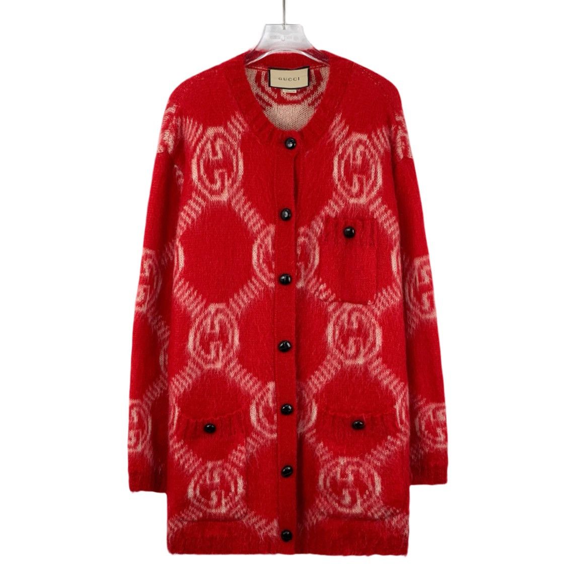 Gucci red logo all over print mohair knit jacket