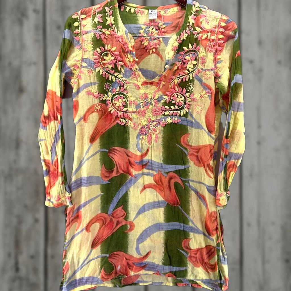 Vintage Raj Embroidered Tunic Dress S Top Cover Up Boho Floral Rio Cottagecore Y2k 90s Size S / US 4 / IT 40 - 1 Thumbnail