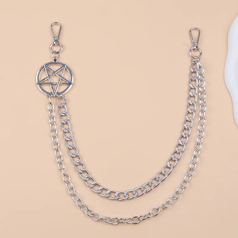 Japanese Brand Silver Double Layered Chain Pentagram Keychain Size ONE SIZE - 2 Thumbnail