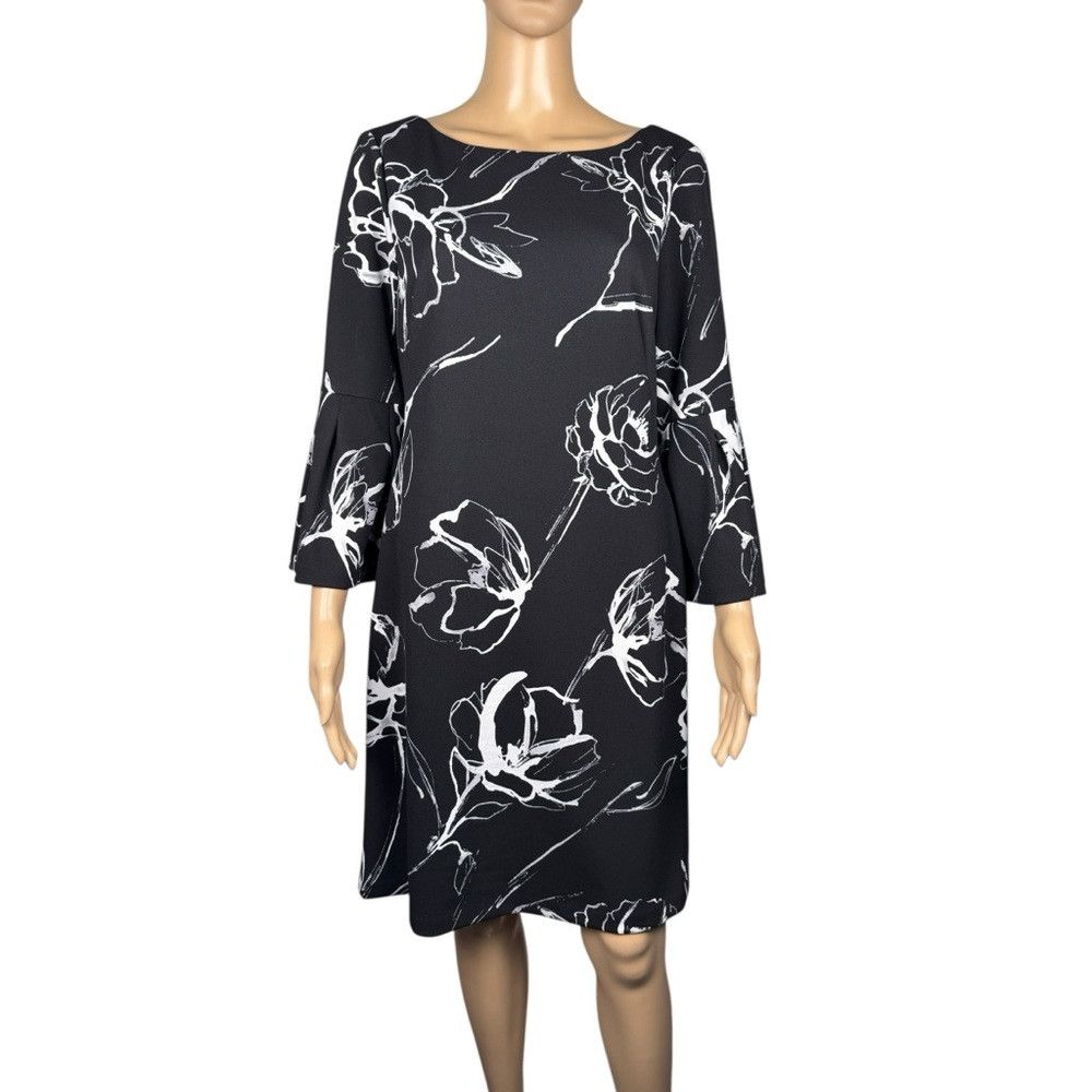NWT New RALPH LAUREN Black Floral Print Bell Sleeve Shift D