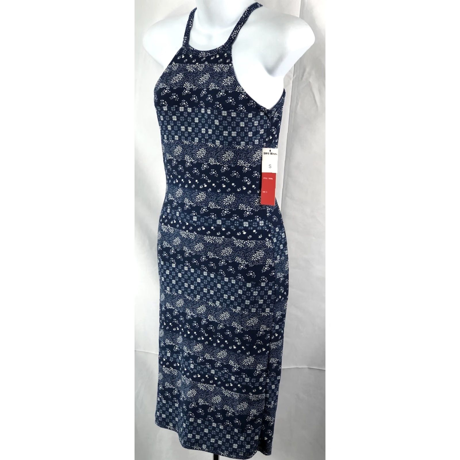 Vintage NWT Hot Kiss Tank Halter Dress S Blue Geo Sleeveless Sheath Hippie Boho Beach Size S / US 4 / IT 40 - 3 Thumbnail