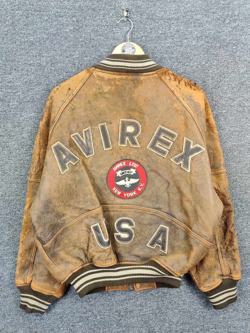Vintage Thrashed Avirex USA Spell Out Varsity Leather Jacket