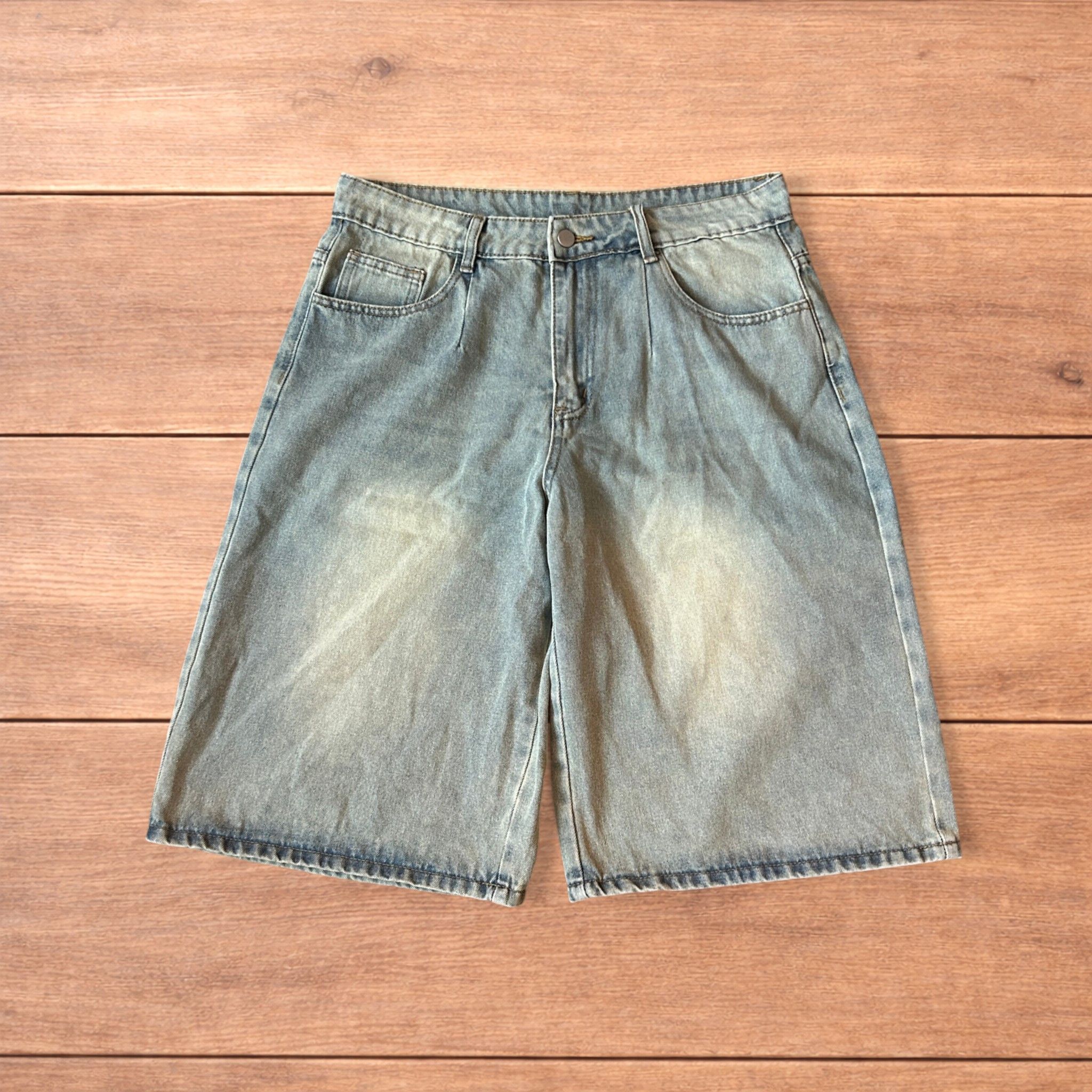 Japanese Brand Baggy wide leg denim shorts jorts with fade in light blue. Size US 34 / EU 50 - 1 Thumbnail