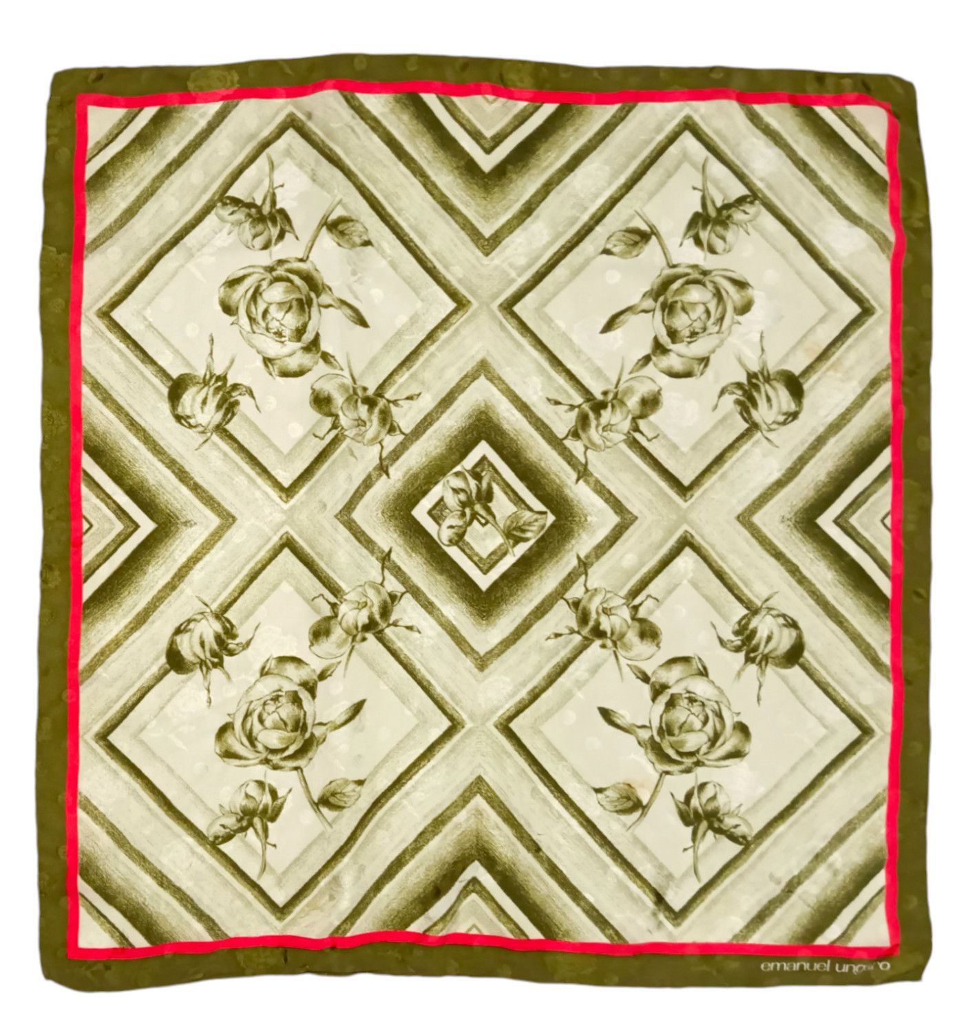 Emanuel Ungaro EMANUEL UNGARO PARIS Rose Floral Olive Green Red Silk Scarf Size ONE SIZE - 1 Thumbnail