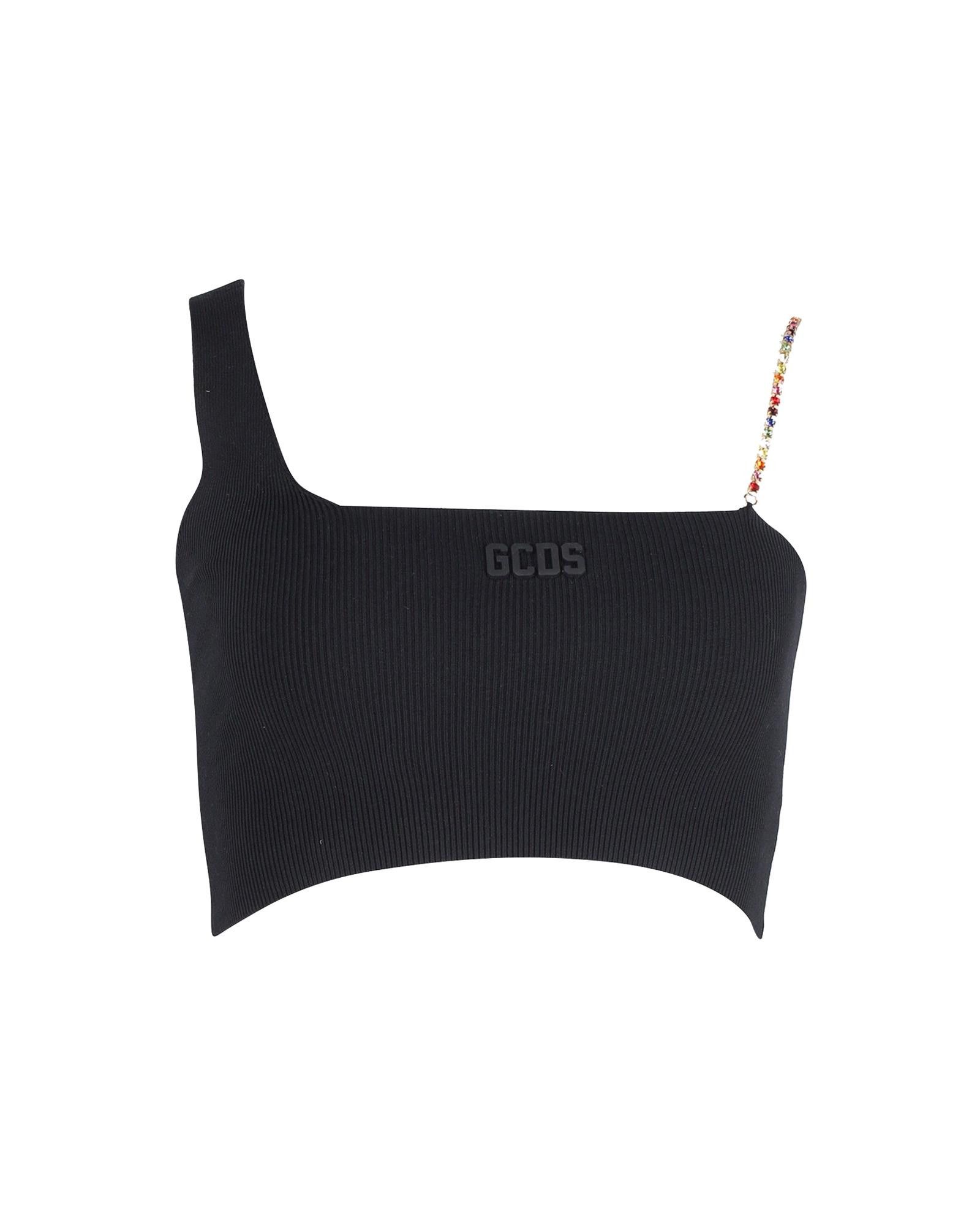 image of Crystal Chain Strap Ribbed Crop Top In Black Cotton By Gcds, Women's (Size Small)