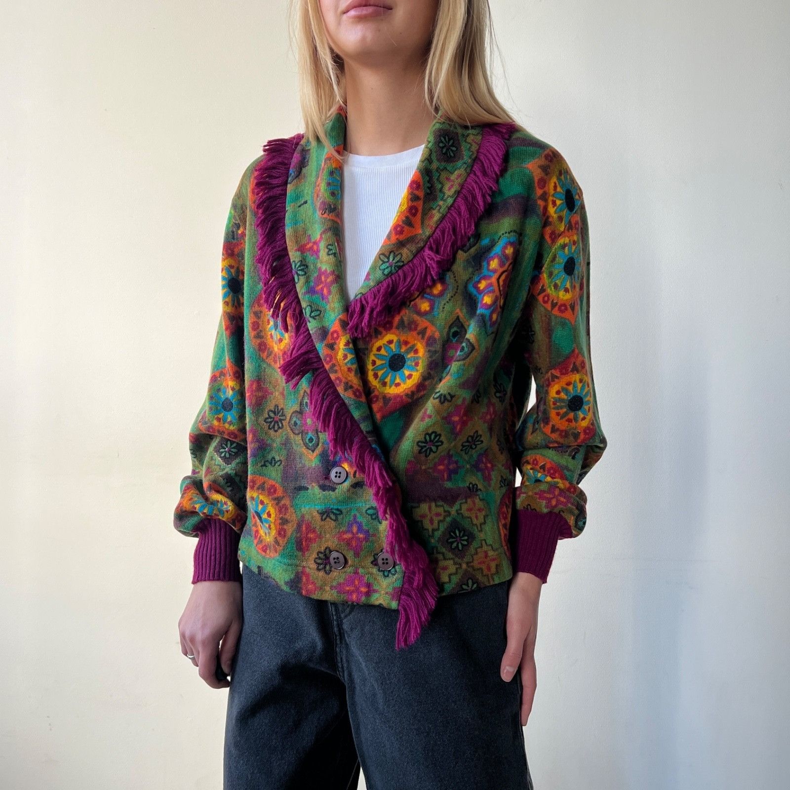 Marella Marella Italy Wool Blend Boho Ethnic Fringe Cardigan 9708AC Size S / US 4 / IT 40 - 1 Thumbnail