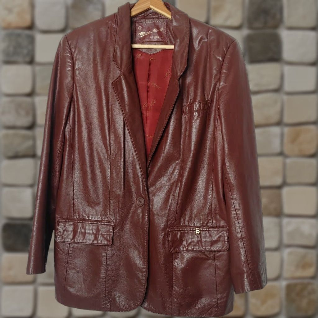 VINTAGE Etienne Aigner Leather Blazer Women 14 Mid-Length Solid Dark Red Burgundy 1970s 1980s Fall Winter Spring