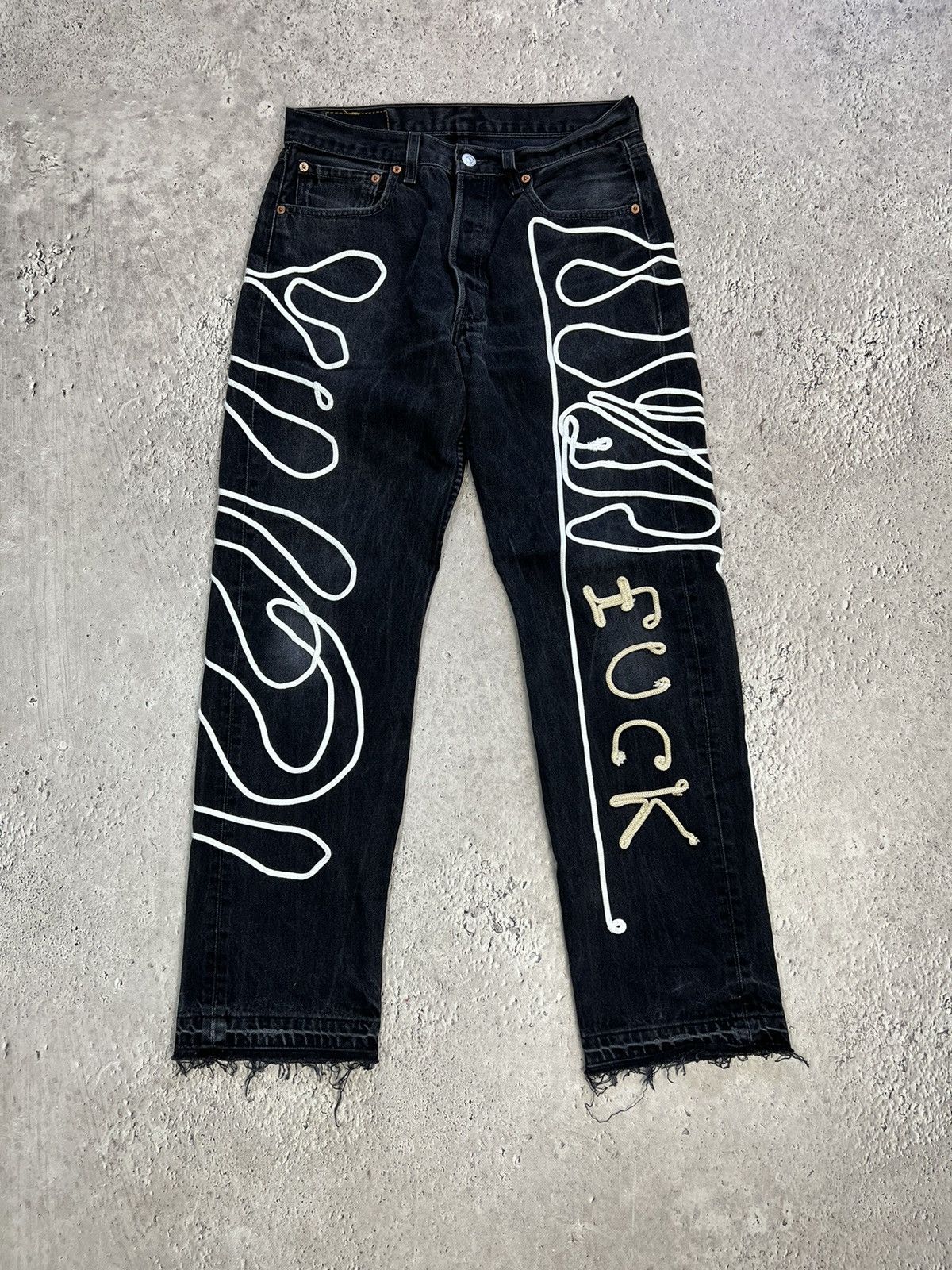 Levi's × Levi's Vintage Clothing Levis 501 Custom Skeleton Jeans Denim FUCK DISTRESSED PANTS Size US 32 / EU 48 - 2 Thumbnail