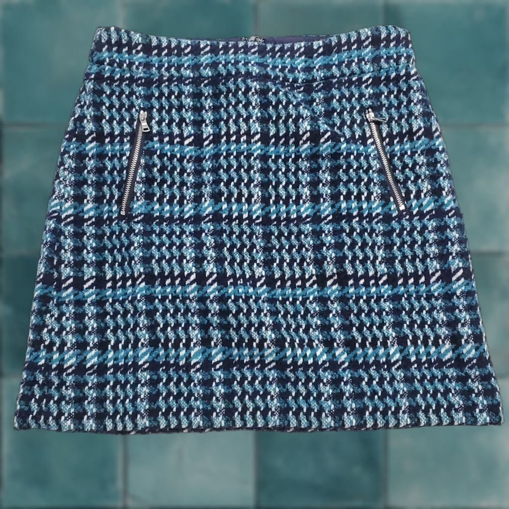 Loft VINTAGE Loft Mini Skirt Women 4 Blue Houndstooth Wool Blend Zip Pockets Academia Preppy Size 27" / US 4 / IT 40 - 1 Thumbnail