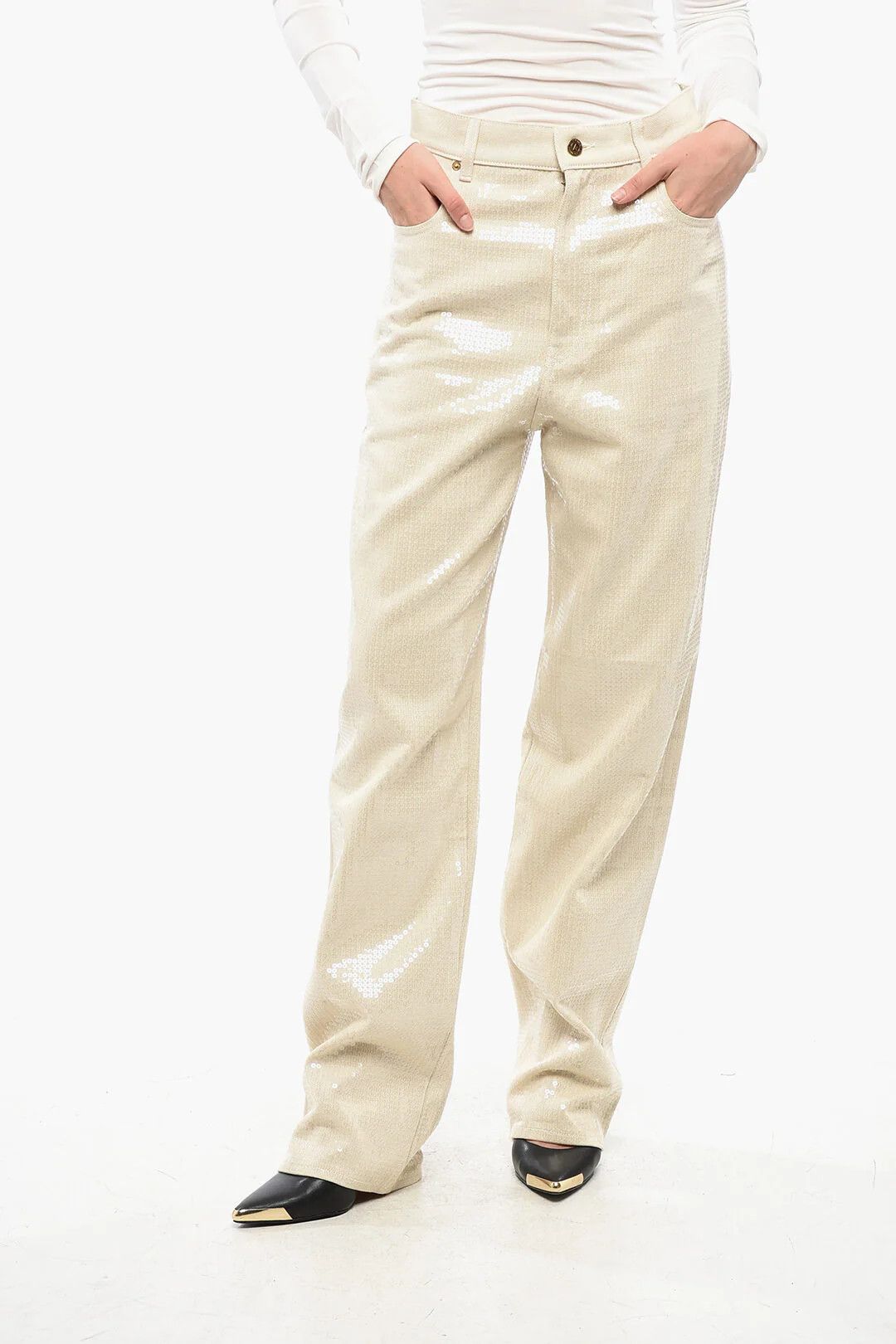Golden Goose og1mm0426 Sequin Wide-Leg High-Rise Pant in Beige Size 28" / US 6 / IT 42 - 1 Thumbnail