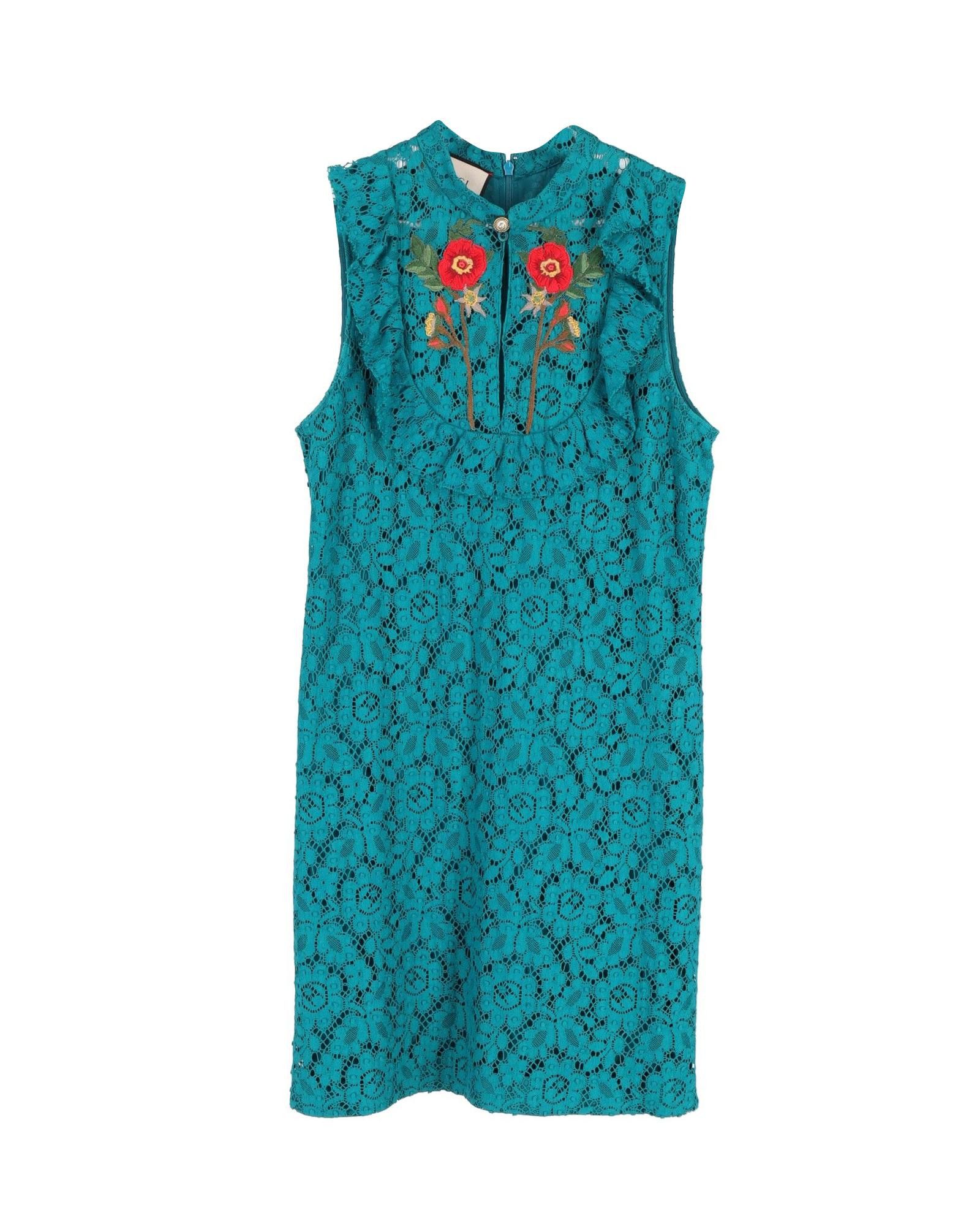 image of Gucci Floral-Embroidered Lace Mini Dress In Turquoise Cotton, Women's (Size Small)