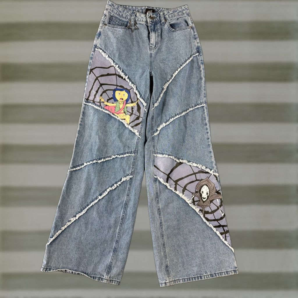Hot Topic Hot Topic Coraline Jeans Womens 1 (26 x 32) Blue Denim Wide-Leg Patchwork Star Charm Baggy Distress Pockets Jeans Women 90s Gothic Retro Size 25" / US 0 / IT 36 - 1 Thumbnail