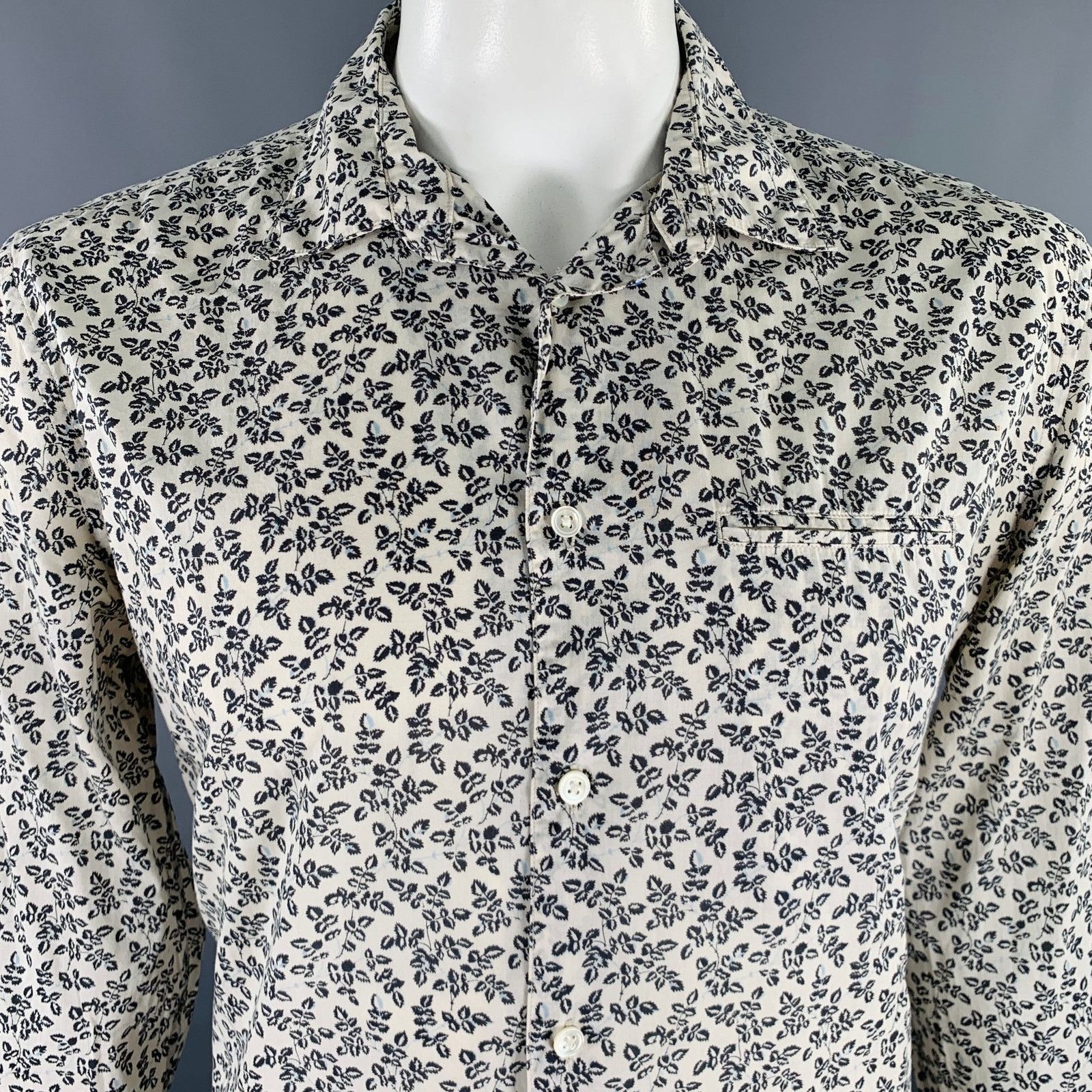John Varvatos Off White Navy Leaves Cotton One Pocket Long Sleeve Shirt Size US L / EU 52-54 / 3 - 4 Thumbnail