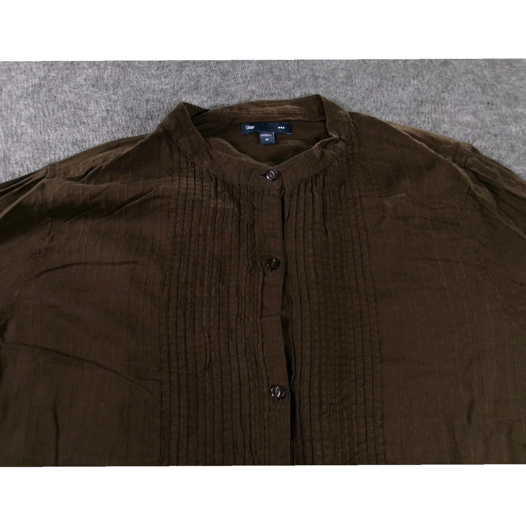 Gap GAP Blouse Shirt Women M Brown Pleated Top Casual Tunic Office Classic Knit Cotton Button Front Long Sleeve Collared Relaxed Fit Size M / US 6-8 / IT 42-44 - 2 Thumbnail