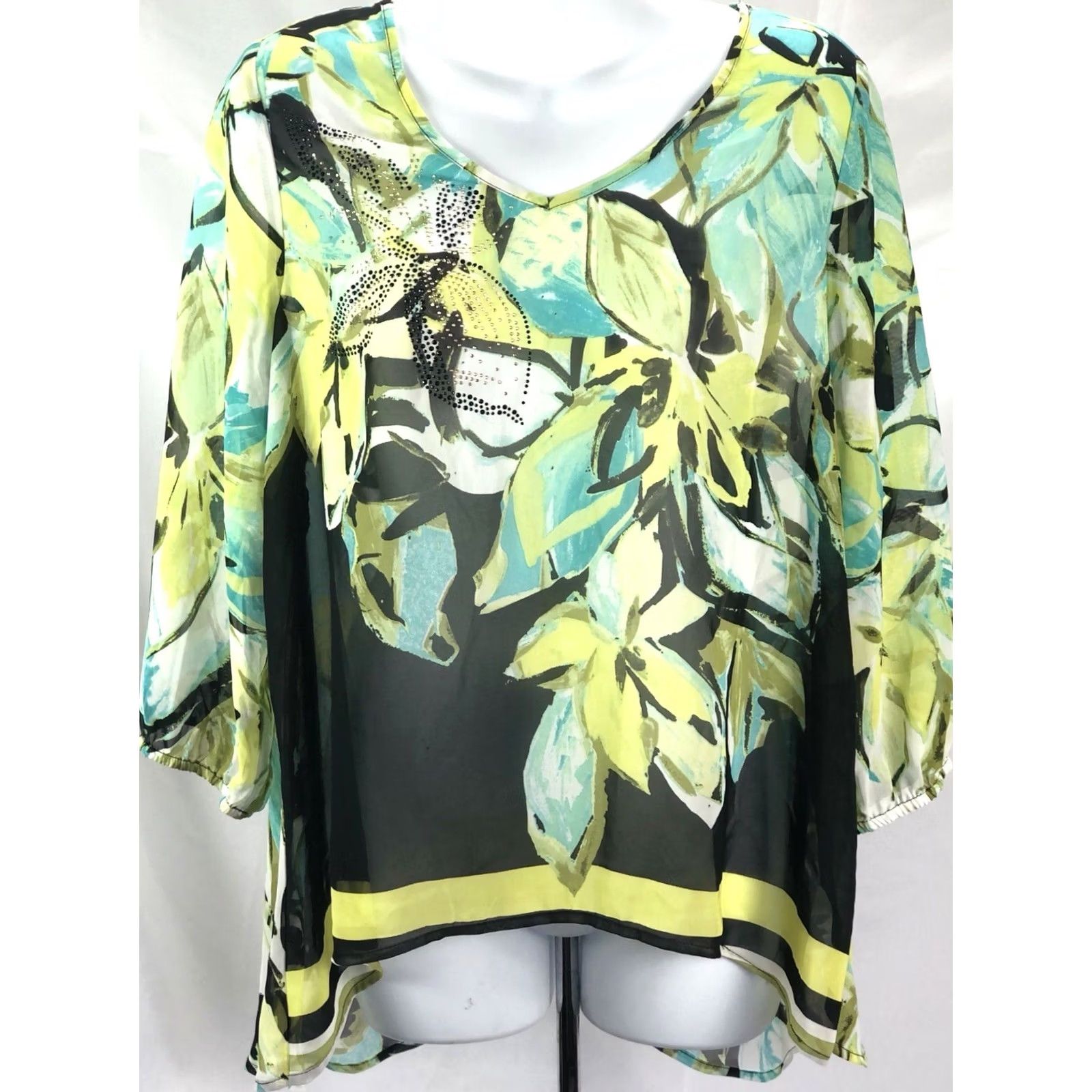 Vintage Energe Flowy top L green/blk NWT V-neck 1/2 Sleeve asymmetrical Cut away back Size L / US 10 / IT 46 - 2 Thumbnail