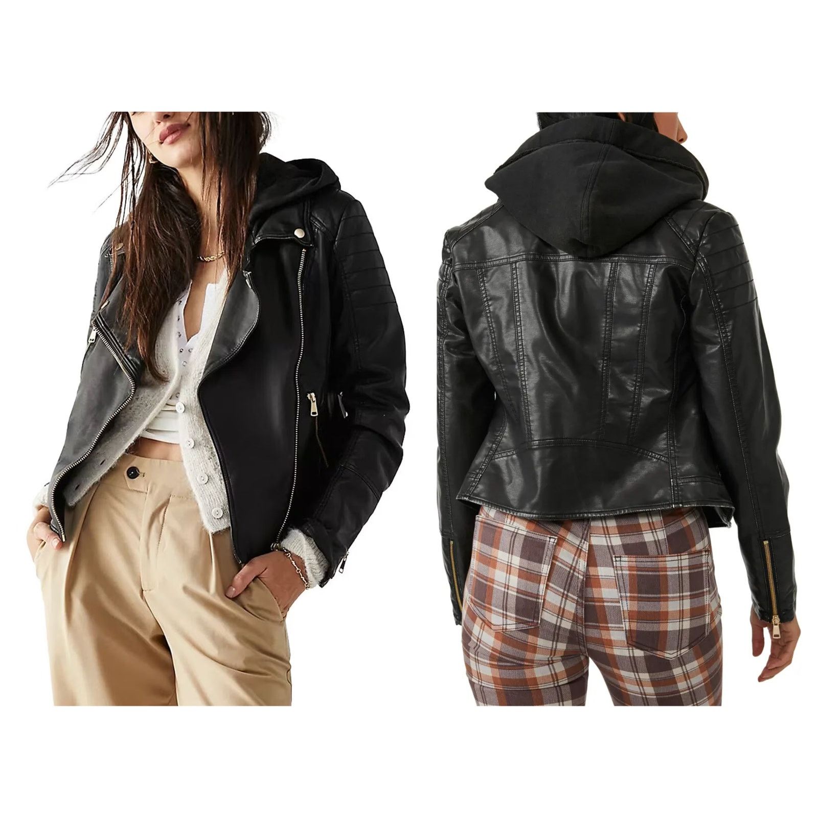 Free People Free People Harriett Hooded Faux Leather Moto Jacket (XS) Size XS / US 0-2 / IT 36-38 - 1 Thumbnail