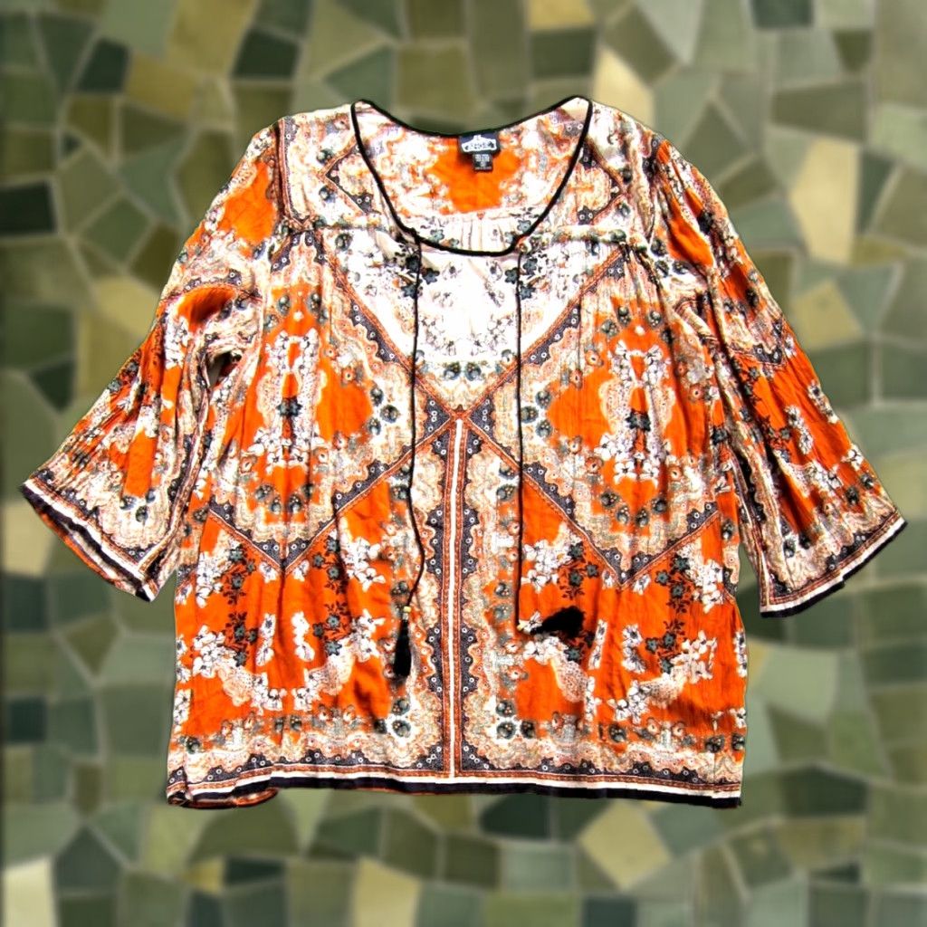 Vintage Angie Blouse Shirt 2X Adult Womens Floral Long Sleeve Tunic Peasant 100% Rayon Orange Black Green Size XXL / US 16-18 / IT 52-54 - 1 Thumbnail