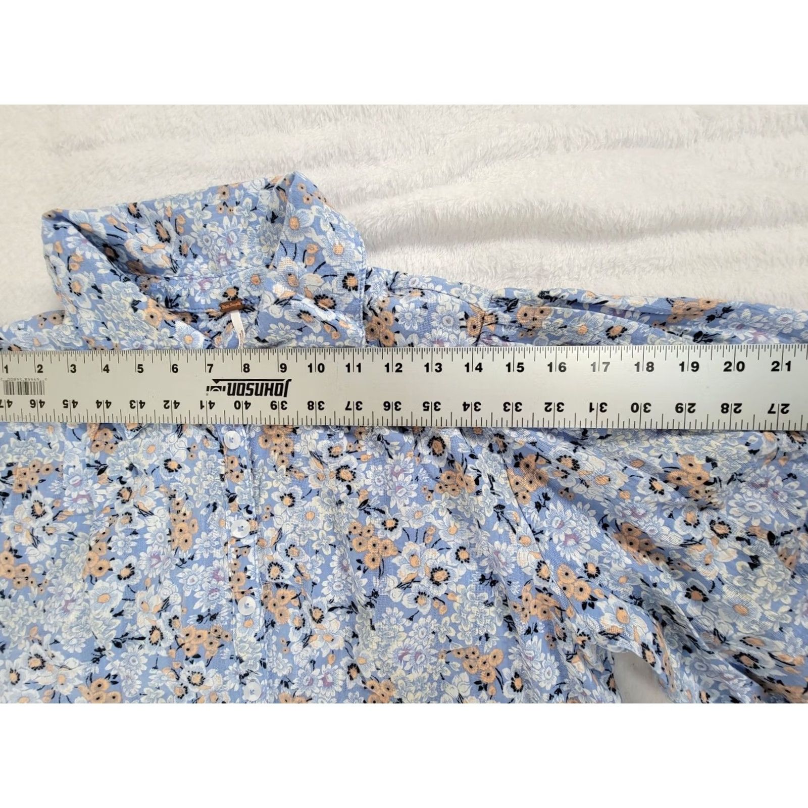 Free People Free People Women Floral Button-Up Puff Sleeve Blouse Small Light Blue Cotton Shirt Womens Size S / US 4 / IT 40 - 5 Thumbnail