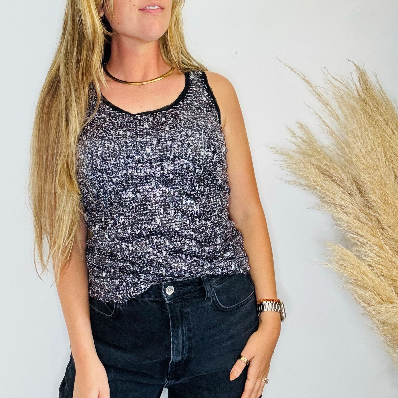 Ann Taylor ANN TAYLOR Black White Sequin Mesh $88 Tank Top Blouse Shirt Size S / US 4 / IT 40 - 1 Thumbnail