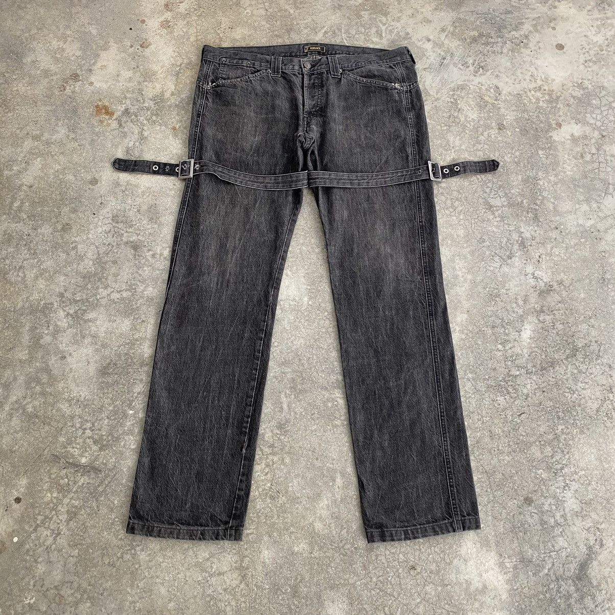 Versace 2004 Archive Versace Sanded Black Bondage Denim Jeans Size US 38 / EU 54 - 2 Thumbnail