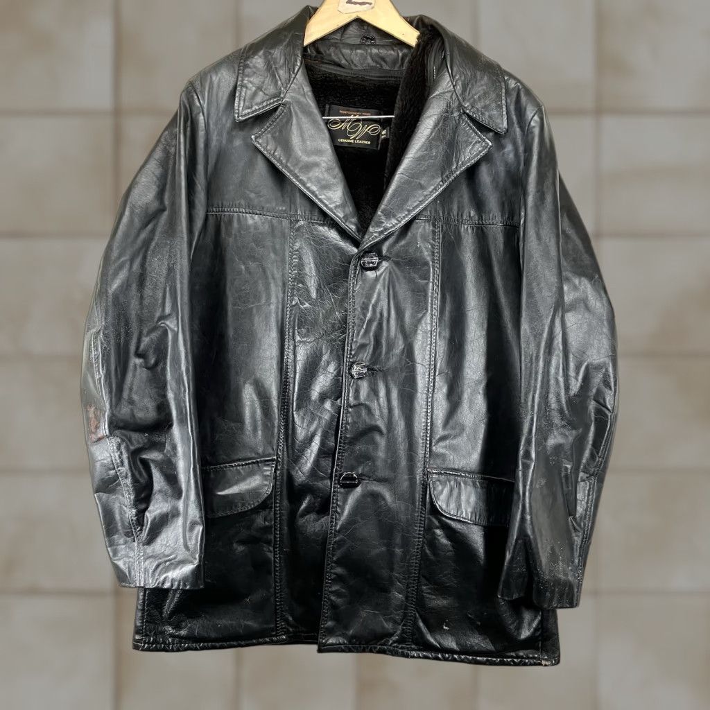 Vintage VINTAGE Montgomery Ward Leather Jacket Bomber Jacket Mens 40R Black Sherpa Lined Mid-Length Pockets Button-Down Collar Size US XXS / EU 40 - 1 Thumbnail