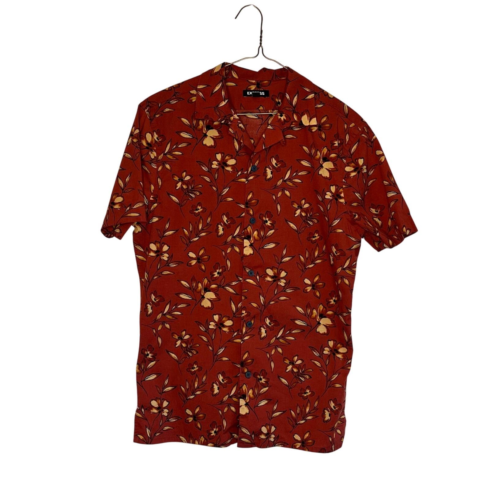 Express Express Men's Floral Button Down Shirt XS Rust Short Sleeve Size US XS / EU 42 / 0 - 2 Thumbnail