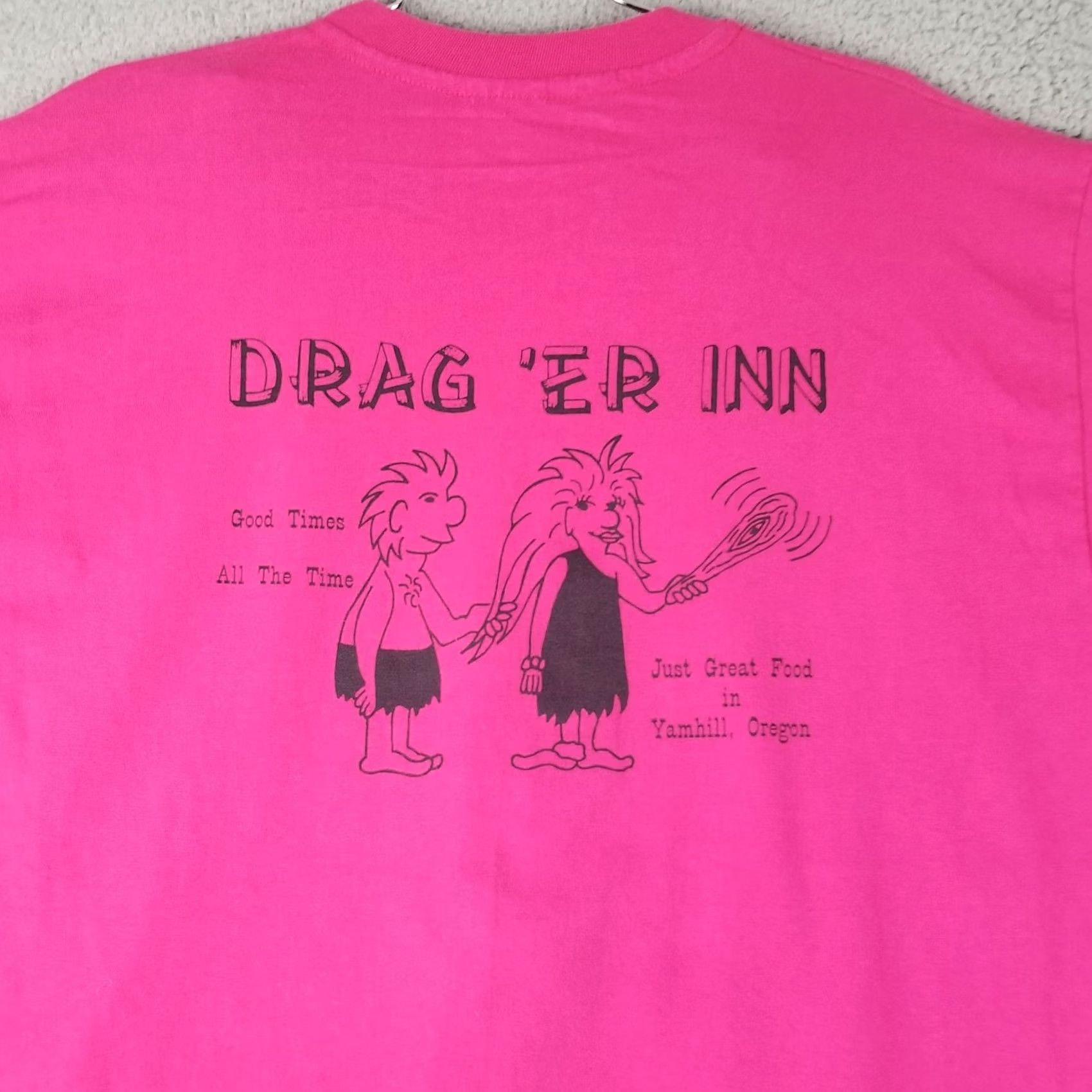 Hanes VINTAGE Hanes T-Shirt Unisex Adults XL Pink 2 Sided Graphic USA Caveman Drag 'er Inn Oregon Caveman USA Grunge Hip Hop Animals Dad Modern Casual Shirt Size US XL / EU 56 / 4 - 2 Thumbnail