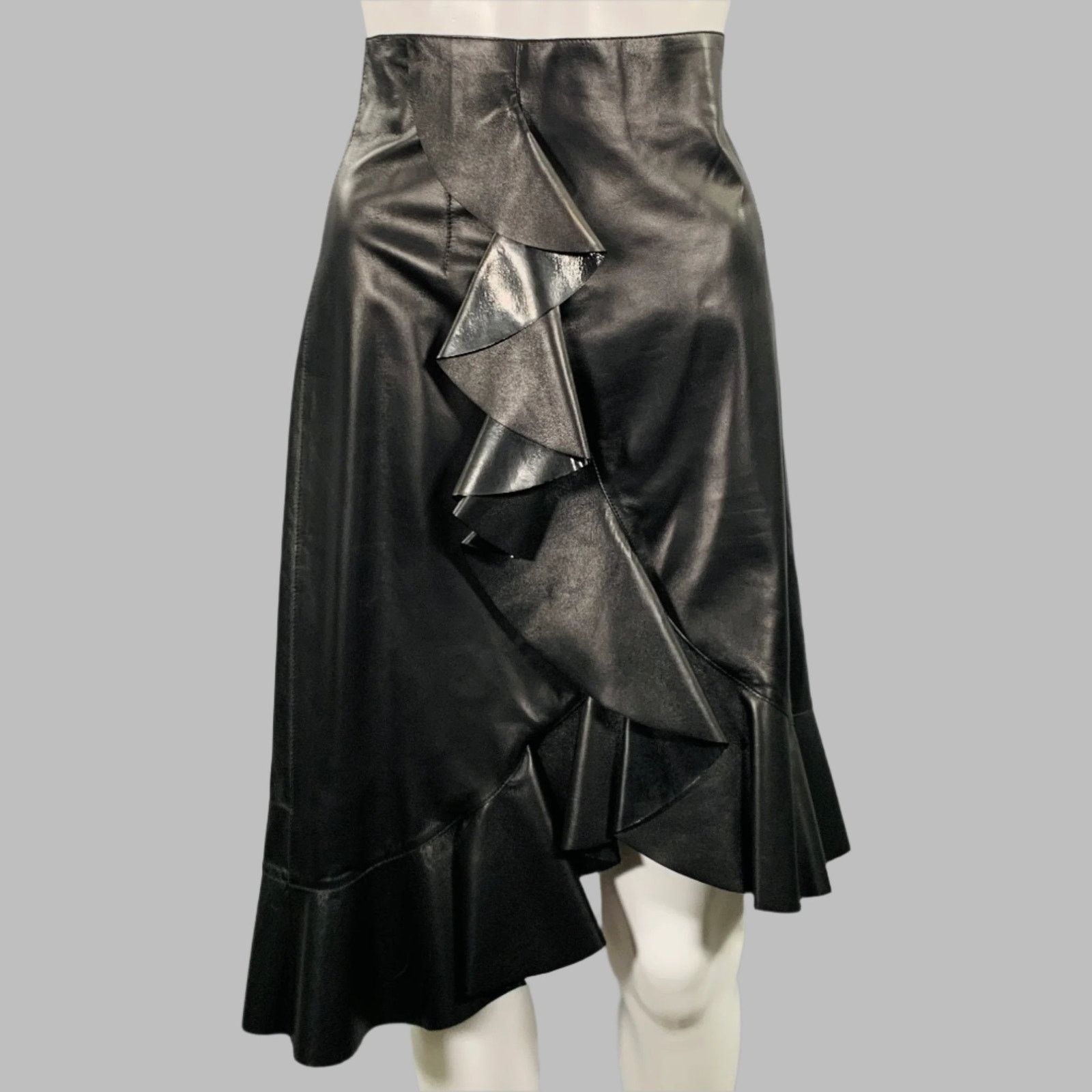 Black Leather Ruffled Lambskin Tulip Knee Length Skirt