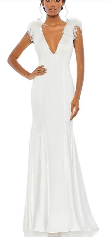 image of Designer Sold Out Size 12! Feather Shoulder V-Neck Gown Msrp $798 in White, Women's