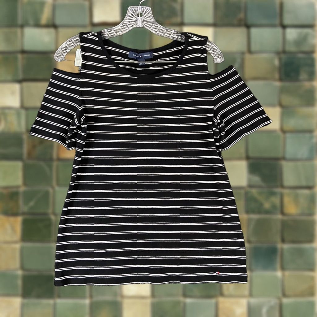 Tommy Hilfiger Tommy Hilfiger Blouse Women L Black Striped Shoulder Cutouts Womens Size L / US 10 / IT 46 - 1 Thumbnail
