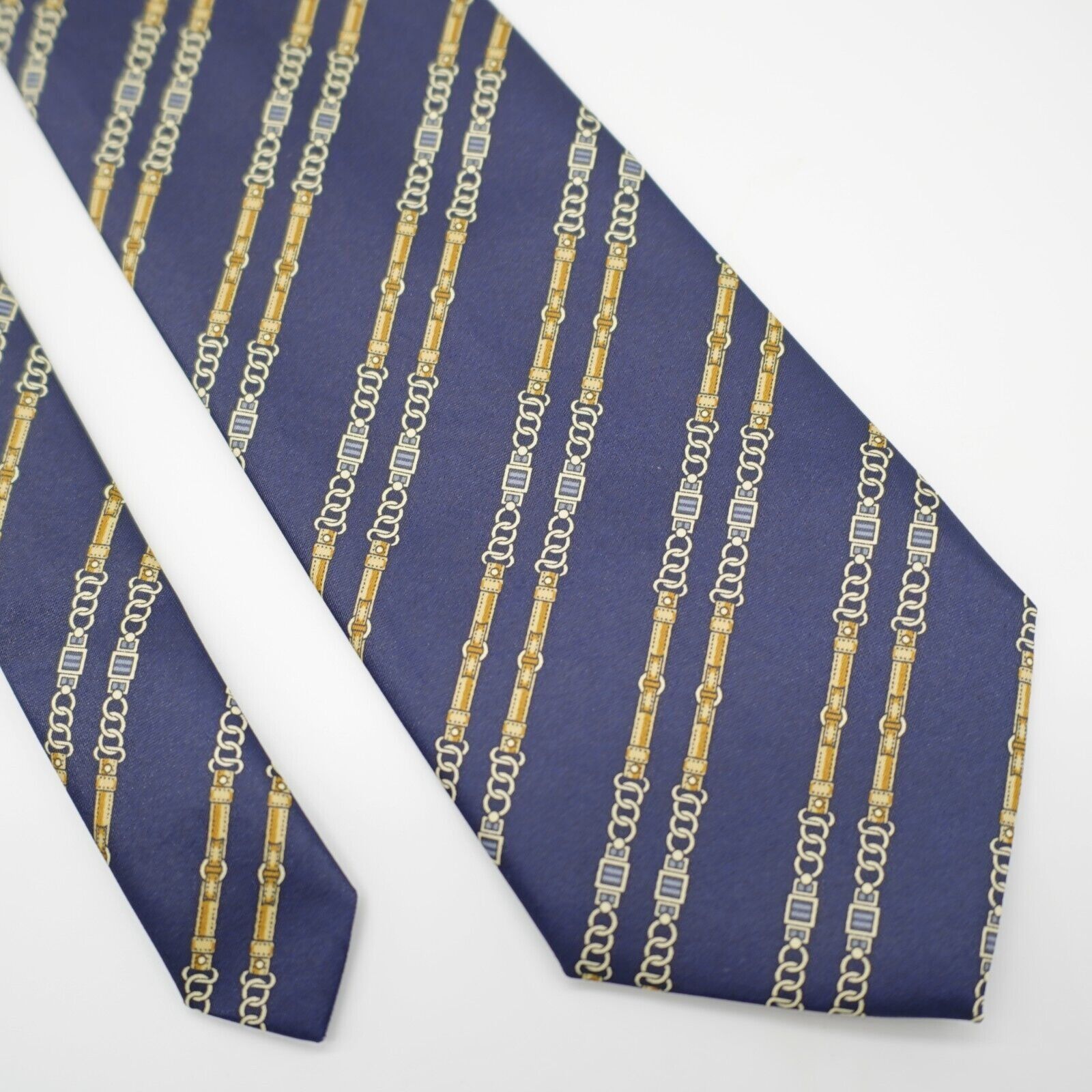 Designer Rene Chagal Handmade Blue Novelty Chains Print Wide Silk Tie Size ONE SIZE - 1 Thumbnail