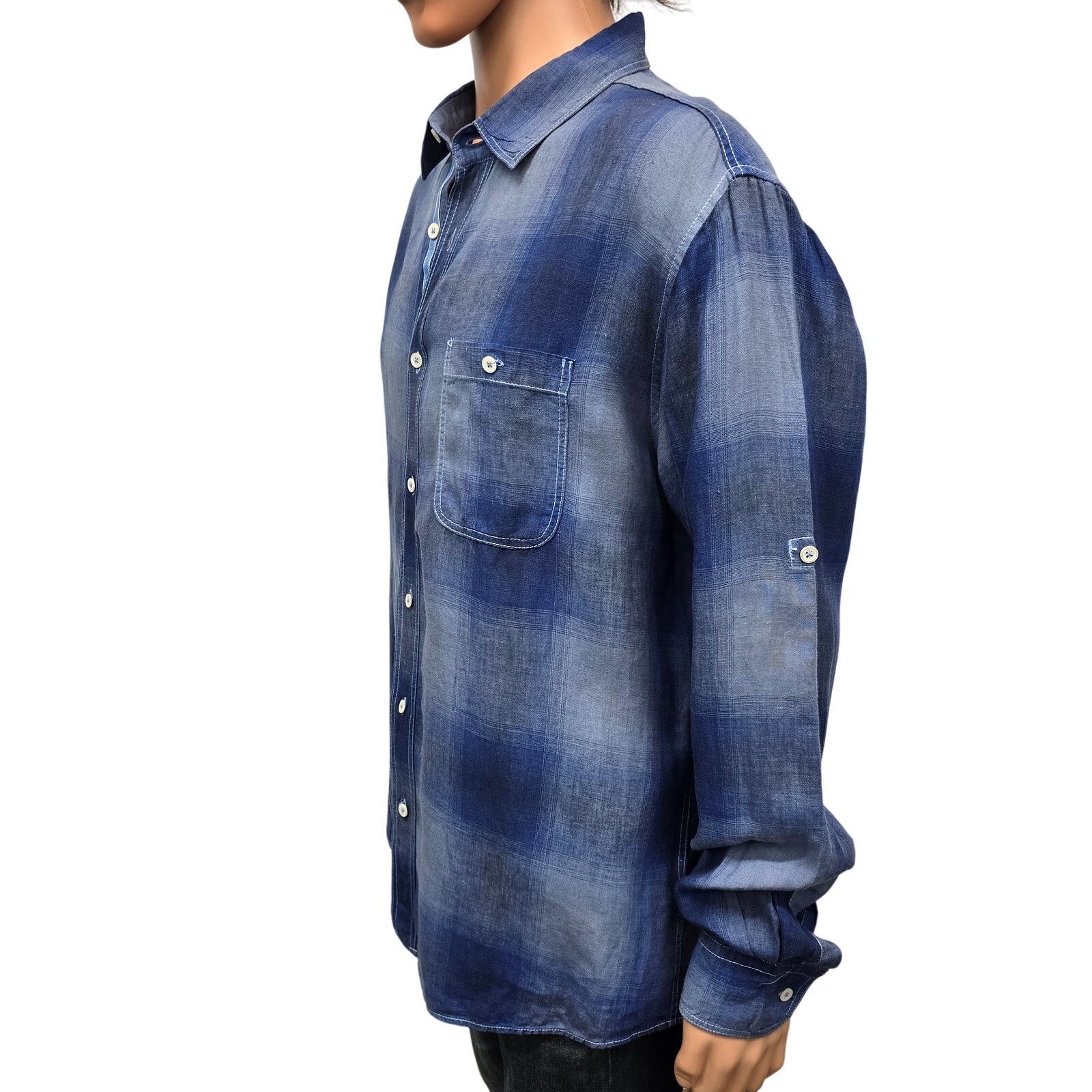 BUGATCHI Bugatchi Uomo Linen Shirt L Shaped Fit Ombre Plaid Roll tab Size US L / EU 52-54 / 3 - 6 Thumbnail