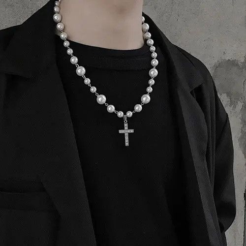 Jewelry Rhinestone Cross Pearl Pendant Necklace Size ONE SIZE - 2 Thumbnail