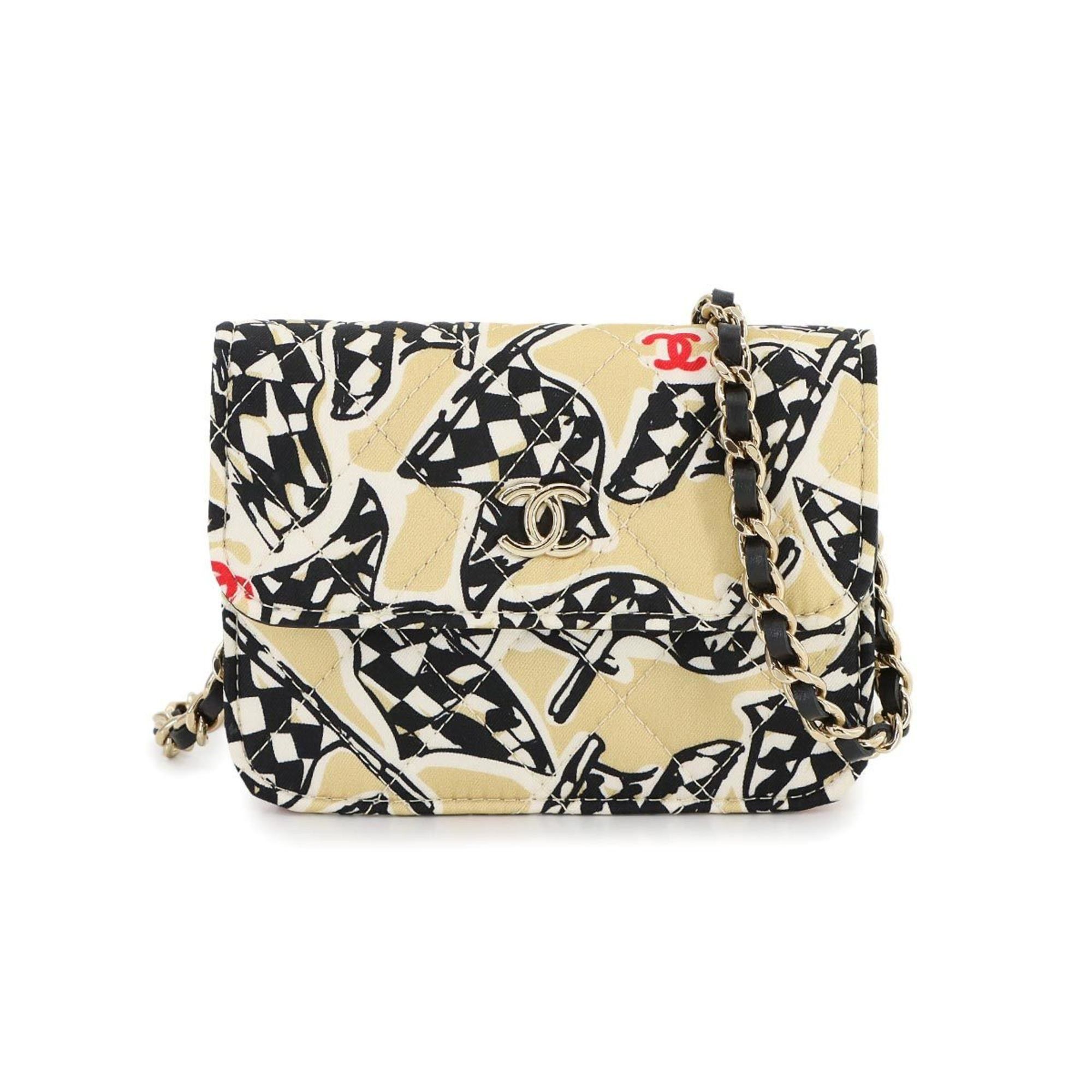 Chanel Mini Matelasse Chain Shoulder Bag Canvas Leather Beige Black Checkered Flag, Women's