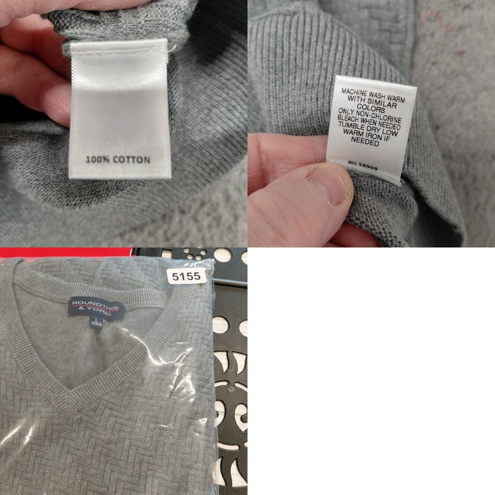Roundtree & Yorke Rountree & Yorke Sweater Vest Mens Large Heather Grey 100% Cotton Classic Knit Vest, V-Neck, Sleeveless, Cable-Knit, Regular Fit, All Seasons, Gray Size US L / EU 52-54 / 3 - 9 Thumbnail
