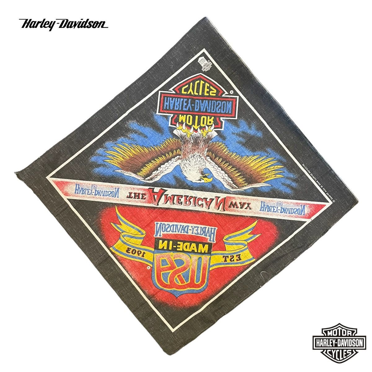 Harley Davidson × Vintage Vintage Harley Davidson Motorcycle Bandana 50/50 soft fabric, HDOLP logo "The American Way Made in USA" Eagle Size ONE SIZE - 8 Thumbnail