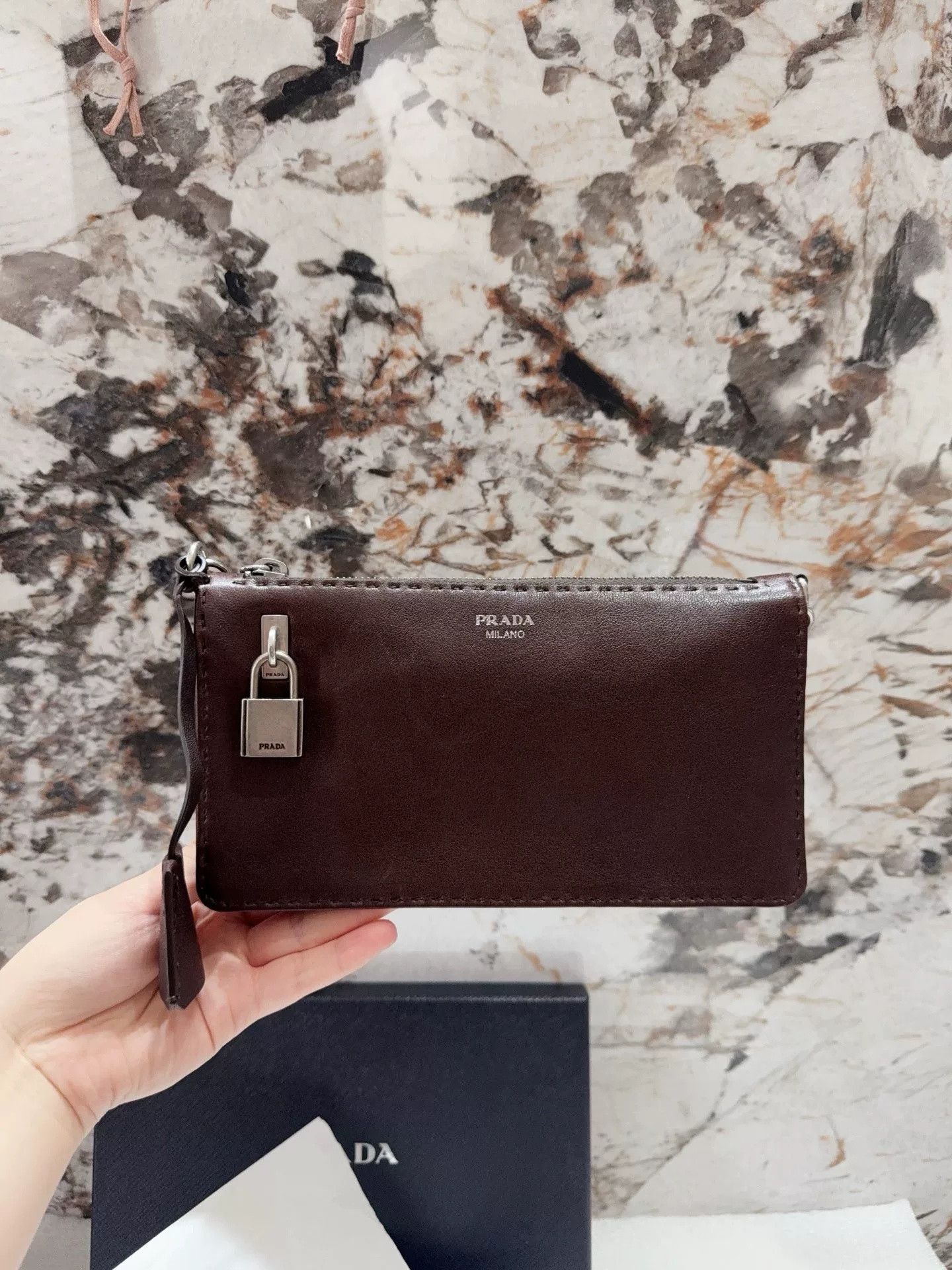 Prada Prada Brown Zip Clutch Handbag Size ONE SIZE - 3 Thumbnail
