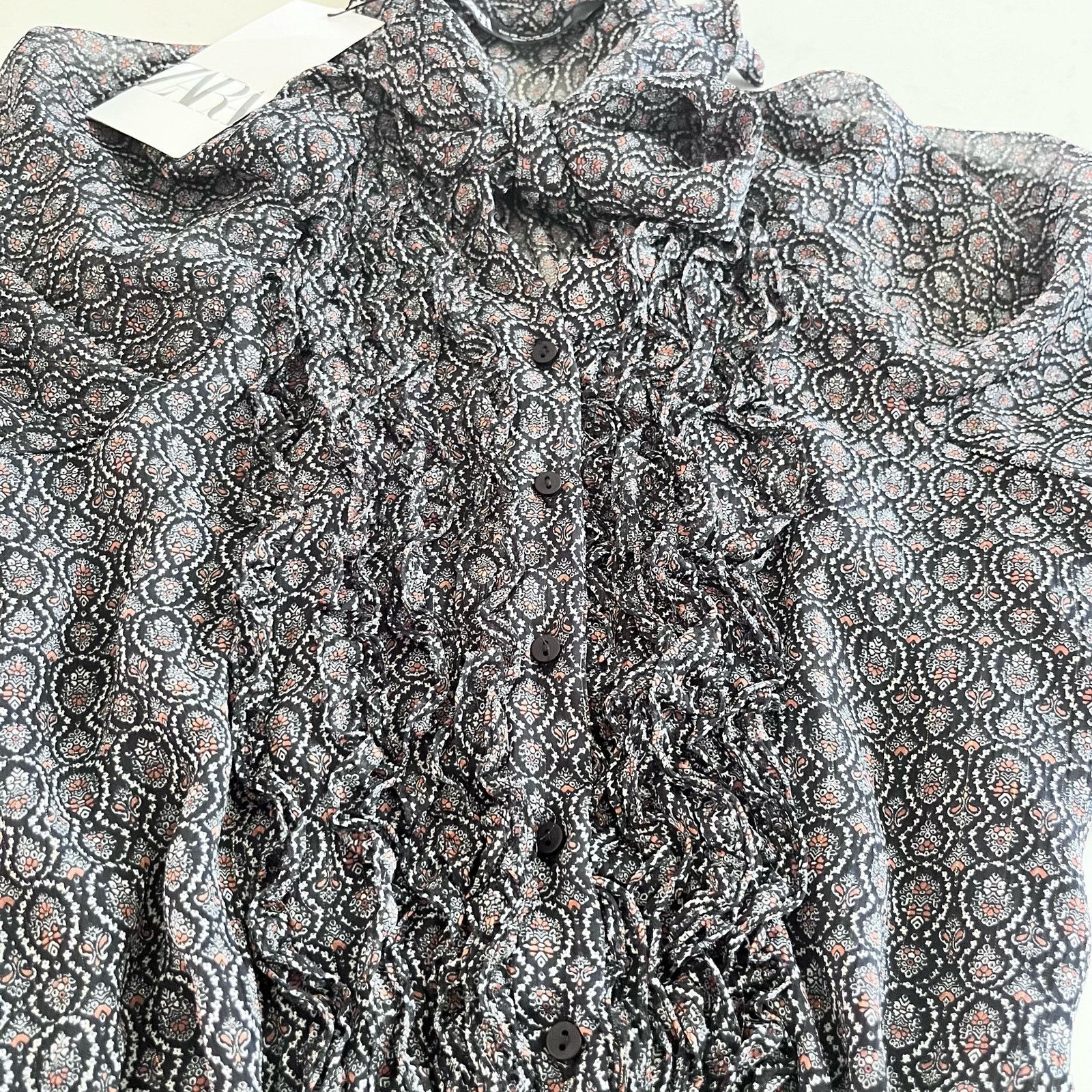 Zara Zara Black Printed Chiffon Tie Neck Sheer Romper NWT Size XS / US 0-2 / IT 36-38 - 7 Thumbnail