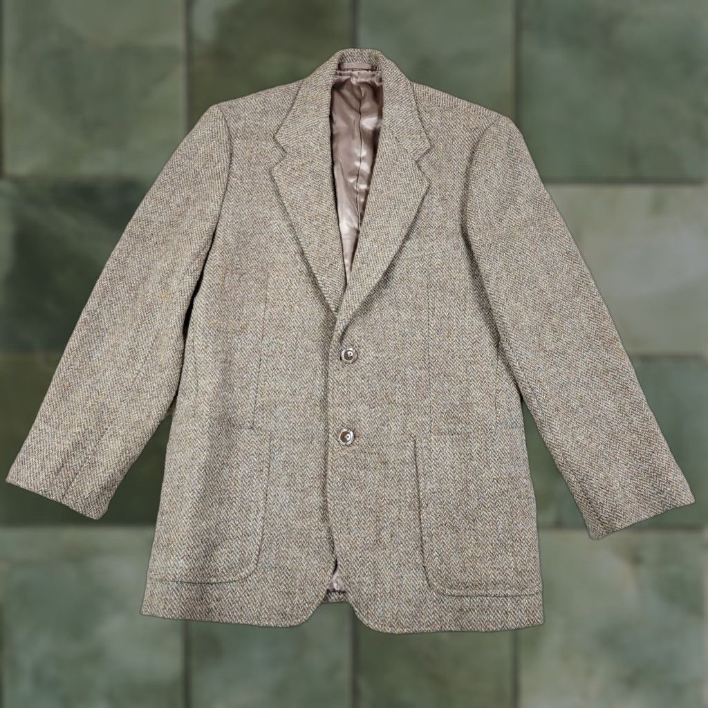 Harris Tweed VTG Harris Tweed Blazer Jacket Mens 38 Beige Herringbone Wool Lined 80s Vintage Classic Wedding Notch Single-Breasted Two-Button Size 38R - 1 Thumbnail